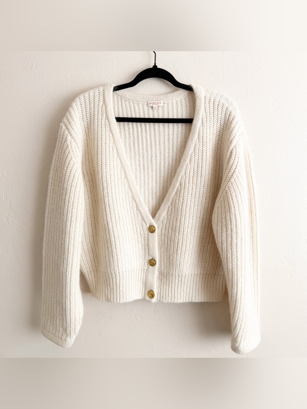 Demy Lee Cream Ribbed V-Neck Button Cardigan Sweater Wool Mohair Blend size M